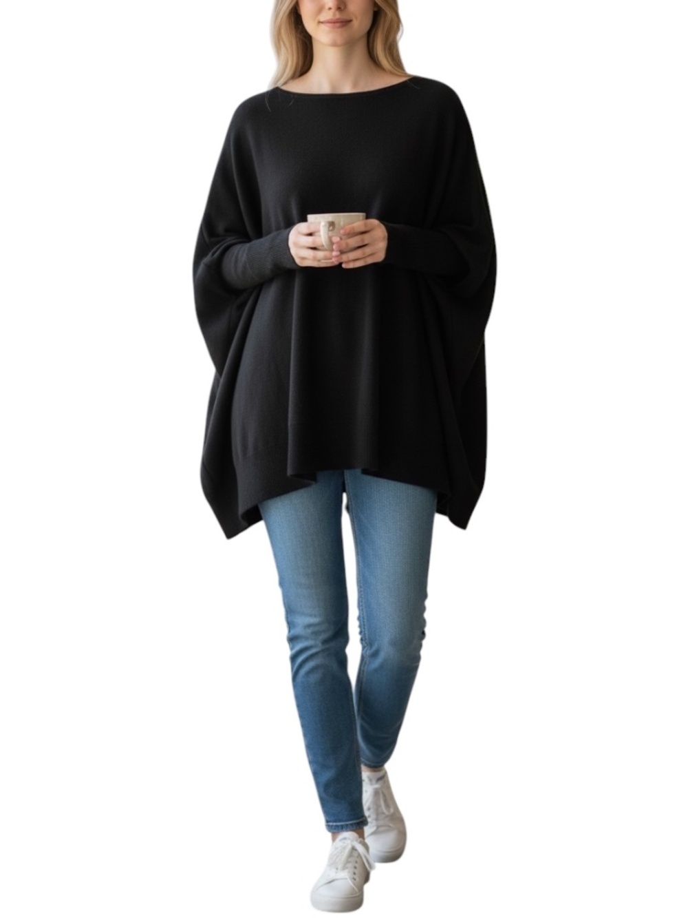DKNY BLACK WOOL/CASHMERE BLEND OVERSIZED LONG SLEEVE PONCHO SWEATER
